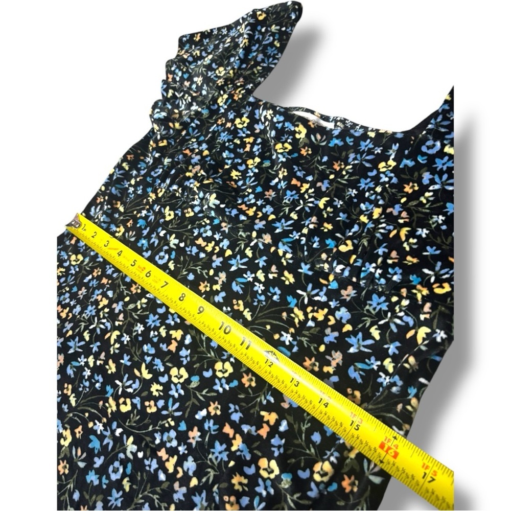 Planet Gold Black Small Floral Print Velvet Short Cap Sleeves Flared Mini Dress - Picture 11 of 15
